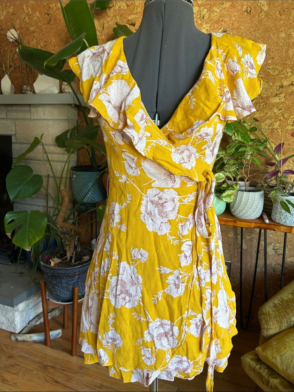 Free People Yellow Floral Wrap Mini Dress with Ruffle Trim ✨So Cute✨